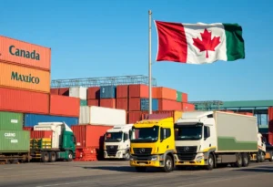 Trade scene illustrating North American trade between Mexico and Canada.