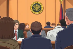 Illustration of a military confirmation hearing with tense expressions and a focus on accountability.