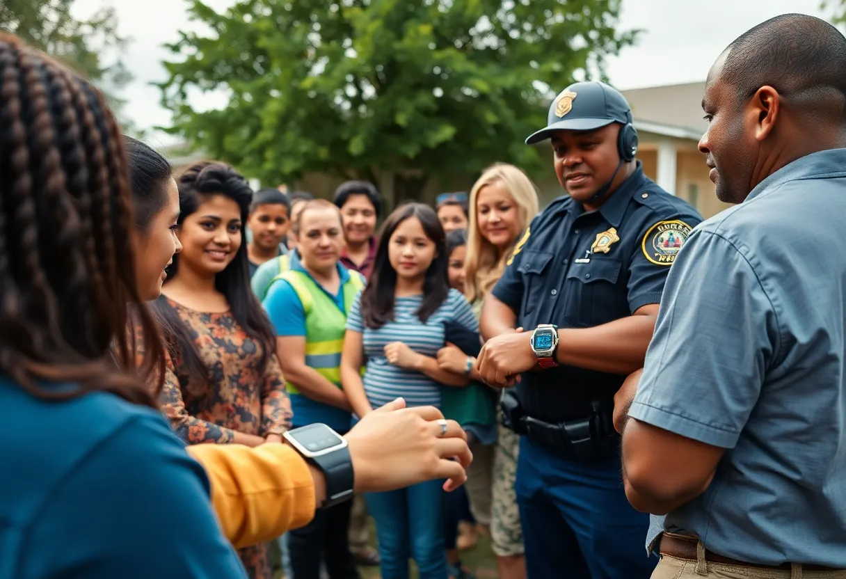 Families and law enforcement at a community event discussing Project Lifesaver technology.