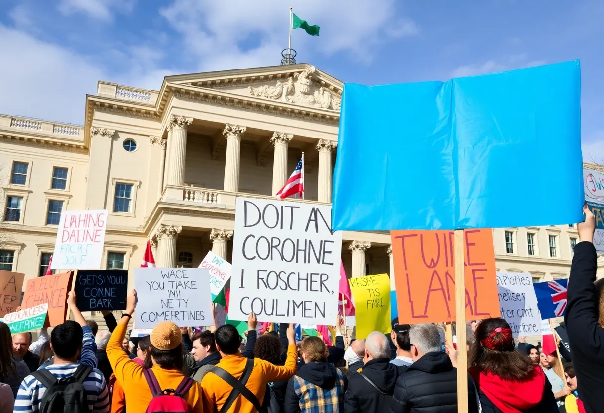 Activists protesting for change in leadership outside a government building