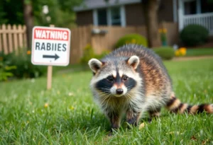 Warning sign for rabies with raccoon in the background