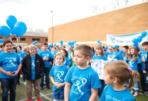 Community members wearing blue at Rock Hill's Blue Out event for colon cancer awareness.