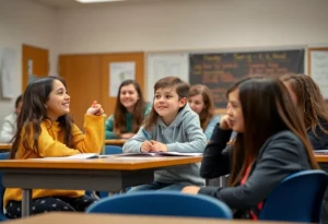 Students engaged in a collaborative activity in a classroom.