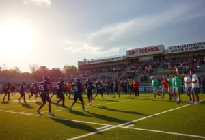Football players practicing at Rock Hill High School