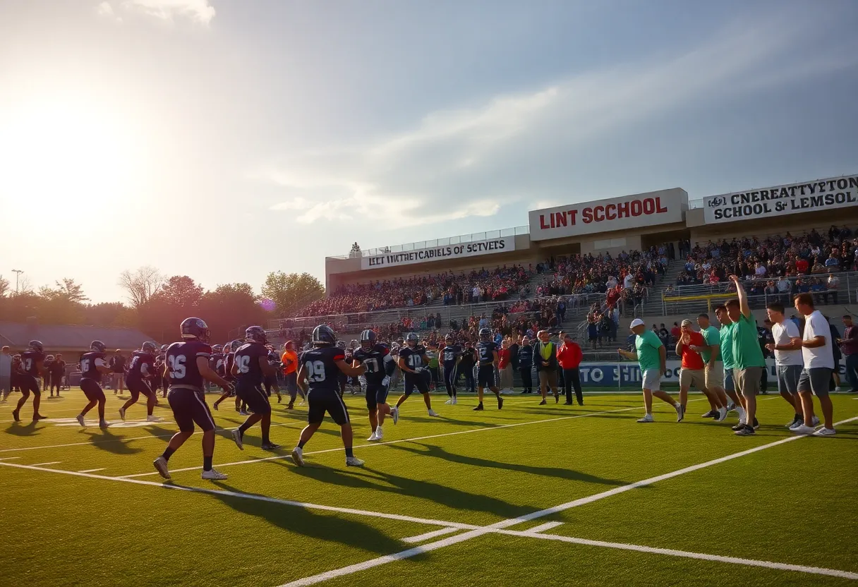 Young athletes practicing football on a school field