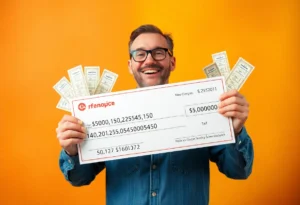 Happy man holding a lottery check and scratch-off tickets