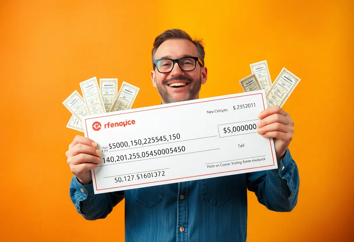Happy man holding a lottery check and scratch-off tickets