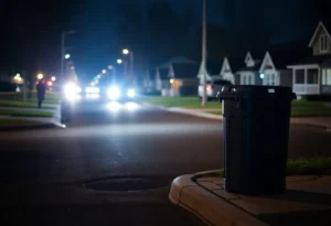 Suburban street at night with a trash can