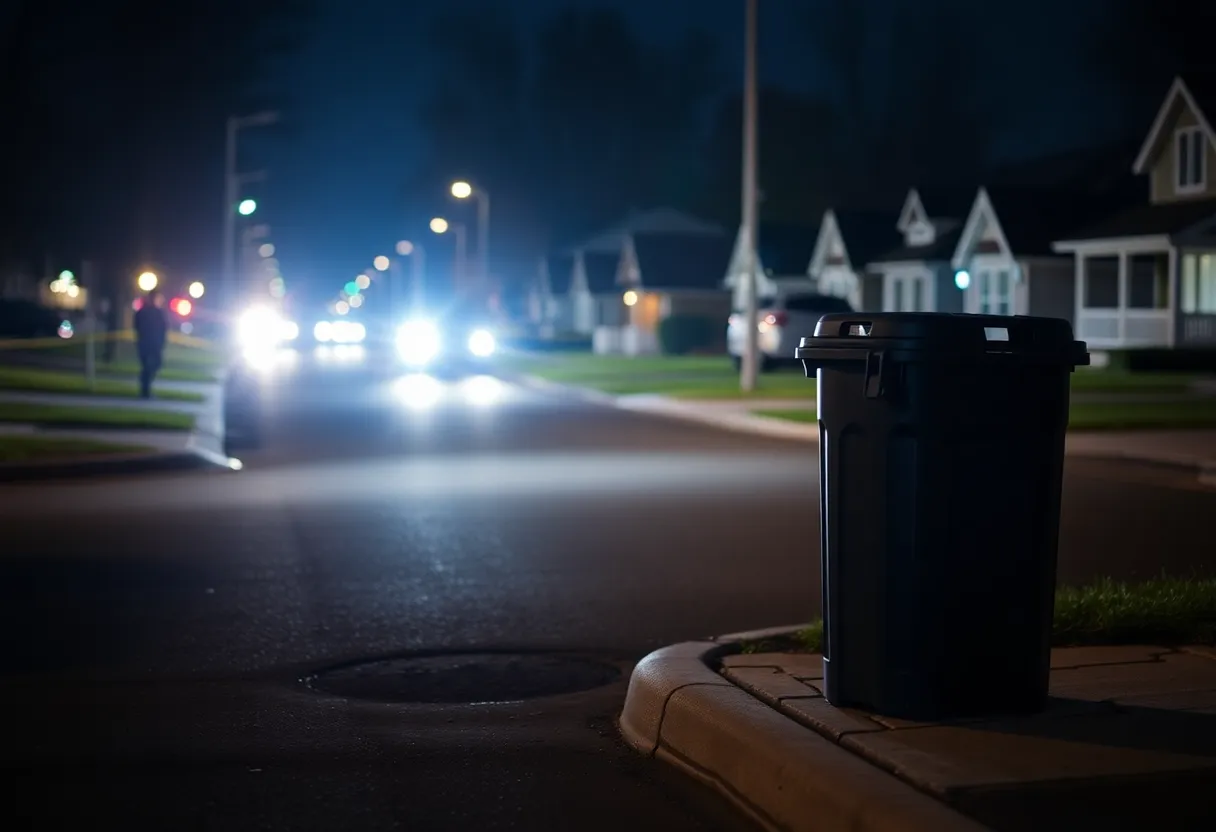 Suburban street at night with a trash can