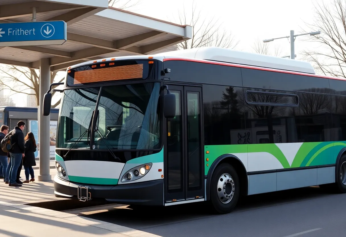 Modern Rock Hill transit bus at a station with passengers.