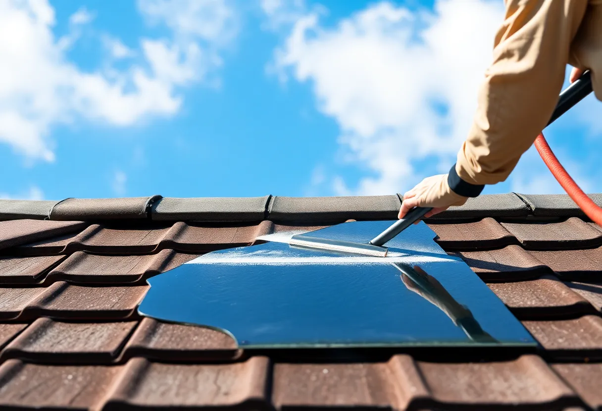 A roof being cleaned on a sunny day