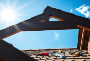 Roof maintenance tools and a clean roof under sunlight