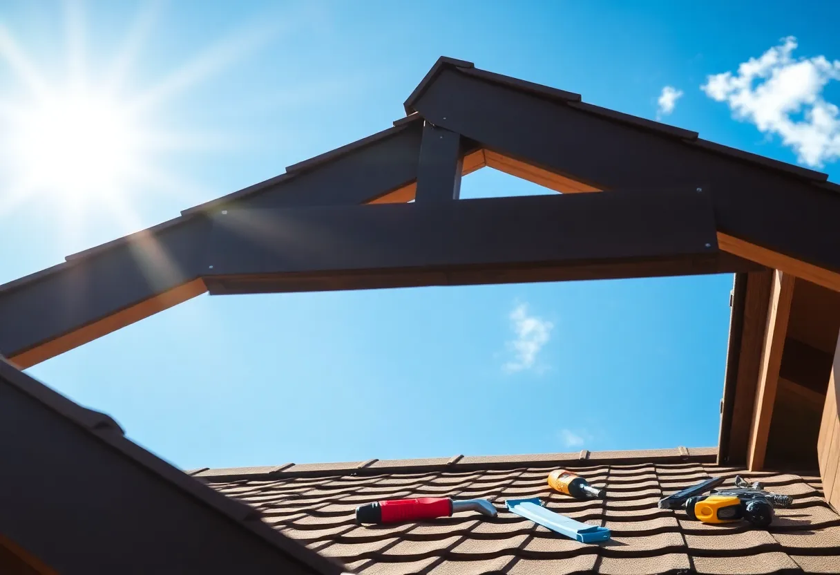 Roof maintenance tools and a clean roof under sunlight