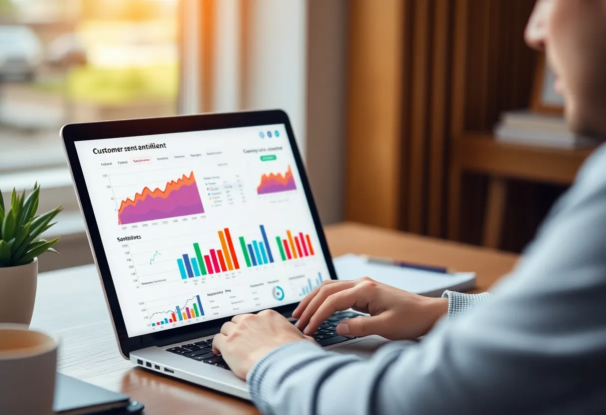 A marketing expert using sentiment analysis tools on a laptop.