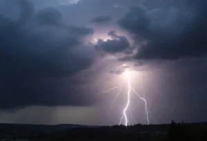 Dark storm clouds and lightning over western Washington