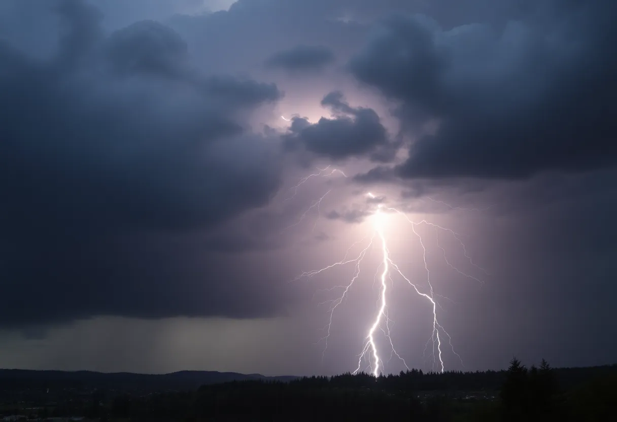 Dark storm clouds and lightning over western Washington