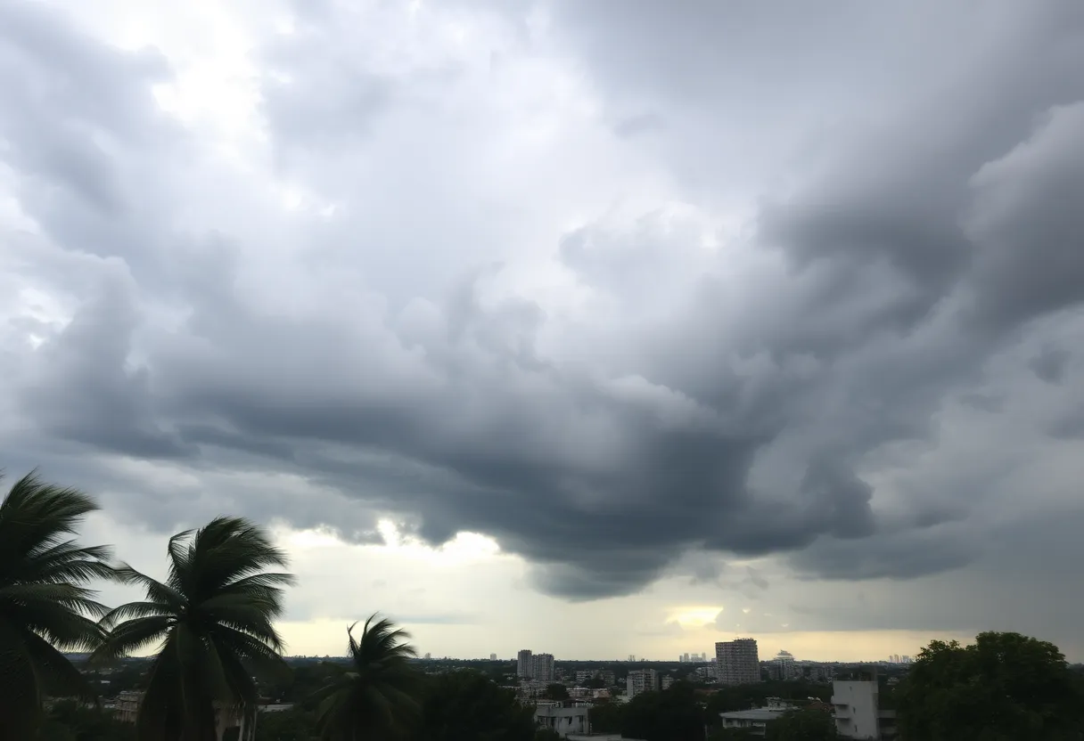 Dark storm clouds gathering over Columbia cityscape