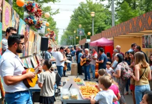 People enjoying the Spring Festival with art displays and music performances.