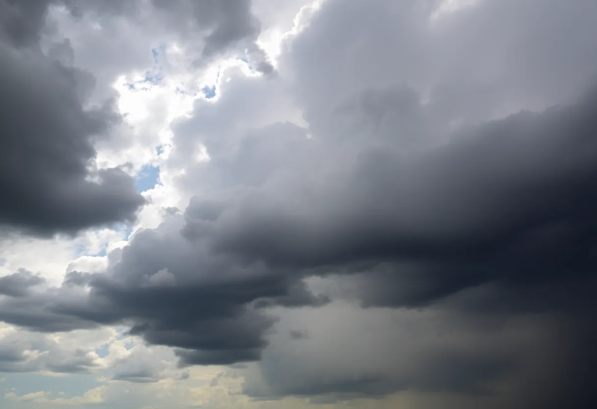 Dark storm clouds gathering over Columbia signaling severe weather.