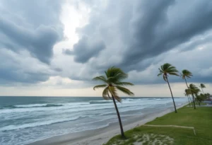 Dark storm clouds gathering over Myrtle Beach with crashing waves