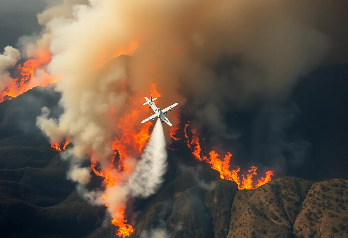 A wildfire spreads across Table Rock State Park with aircraft dumping water to combat the flames.