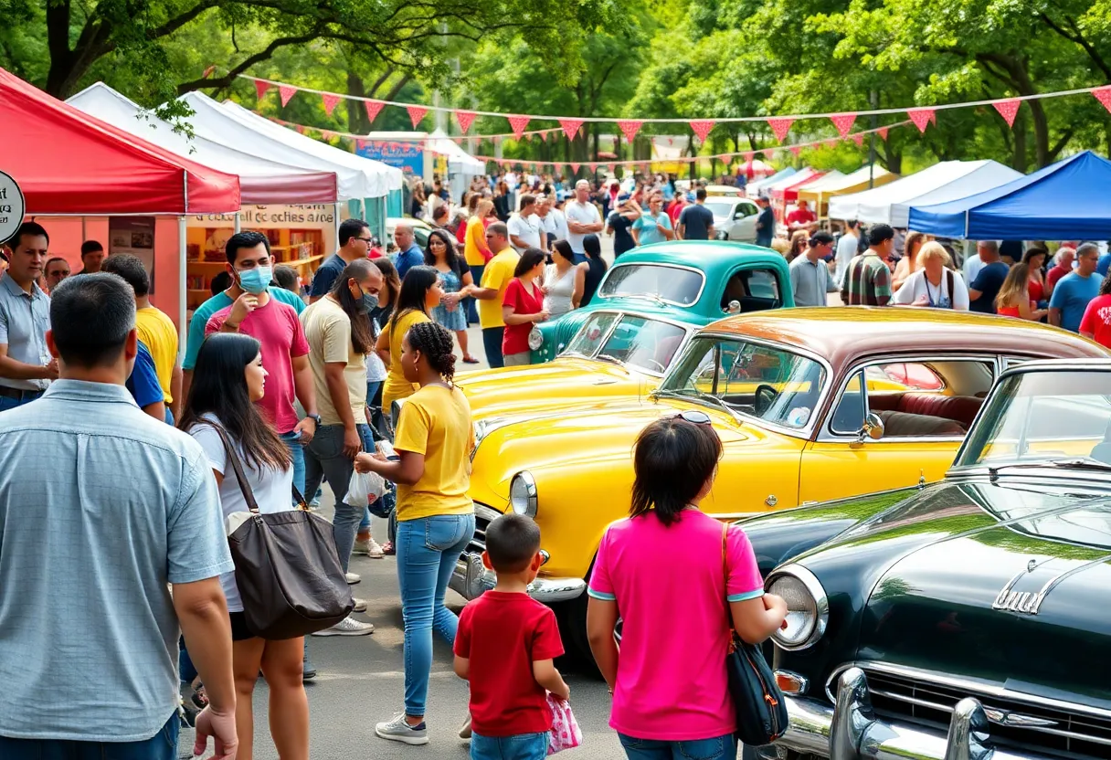 A lively scene from Tech Fest 2025 featuring educational exhibits and classic cars.