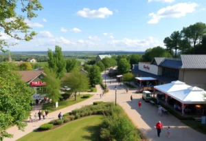 Scenic landscape of Tega Cay and Fort Mill with families enjoying outdoor activities