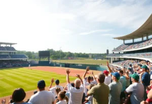 Winthrop University baseball team celebrating a series win with fans in the stands.