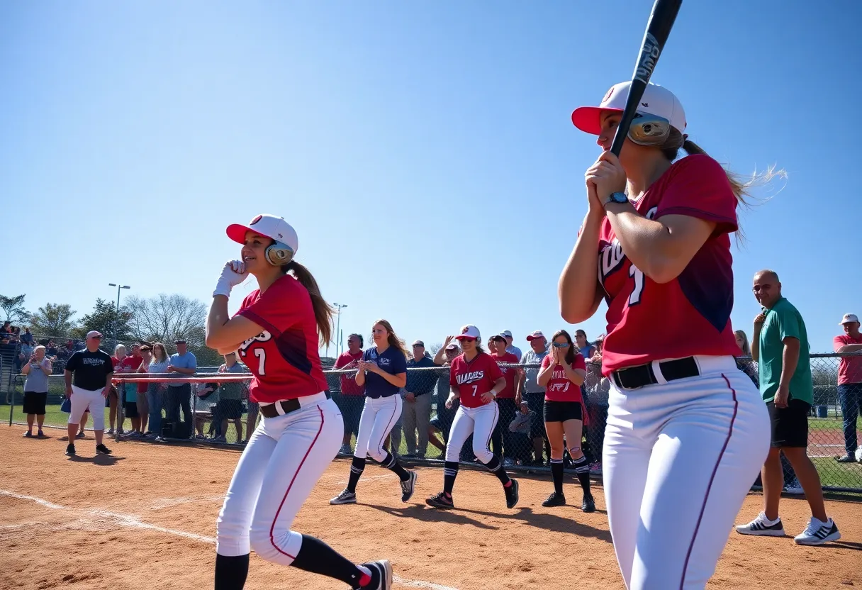 Players from Winthrop University softball team playing during a game on a sunny day