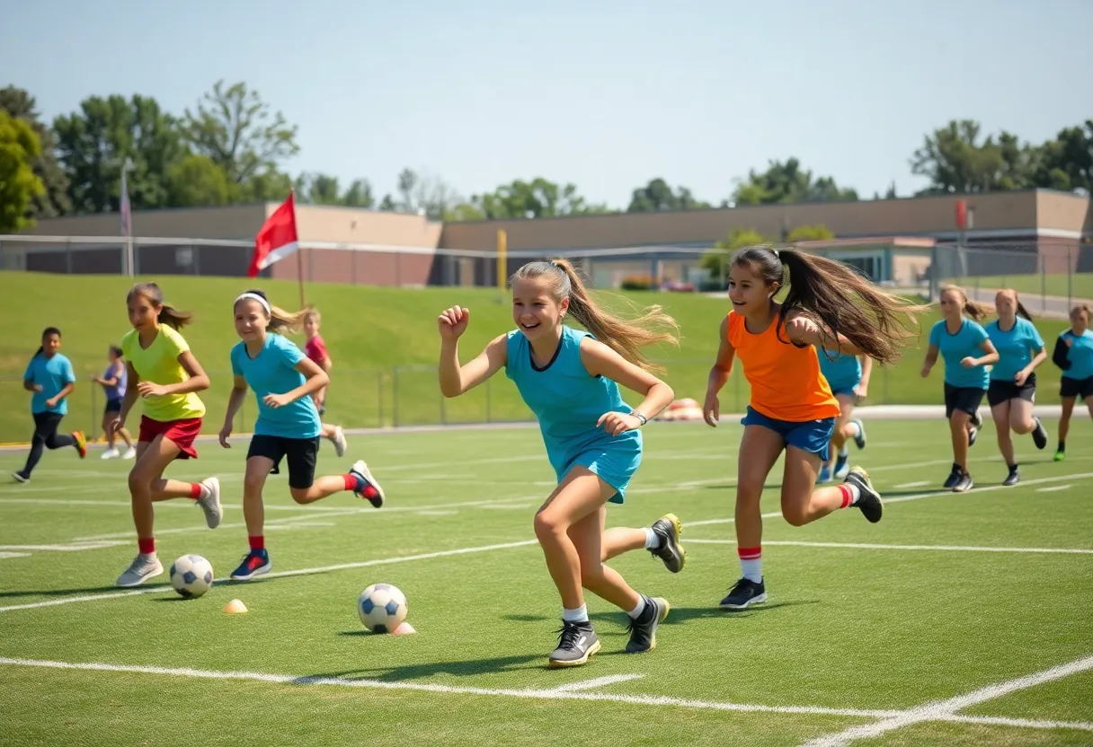 Young female athletes participating in a flag football match