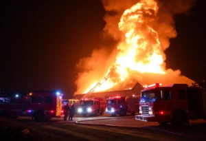 Firefighters working to extinguish a barn fire at night in York County.