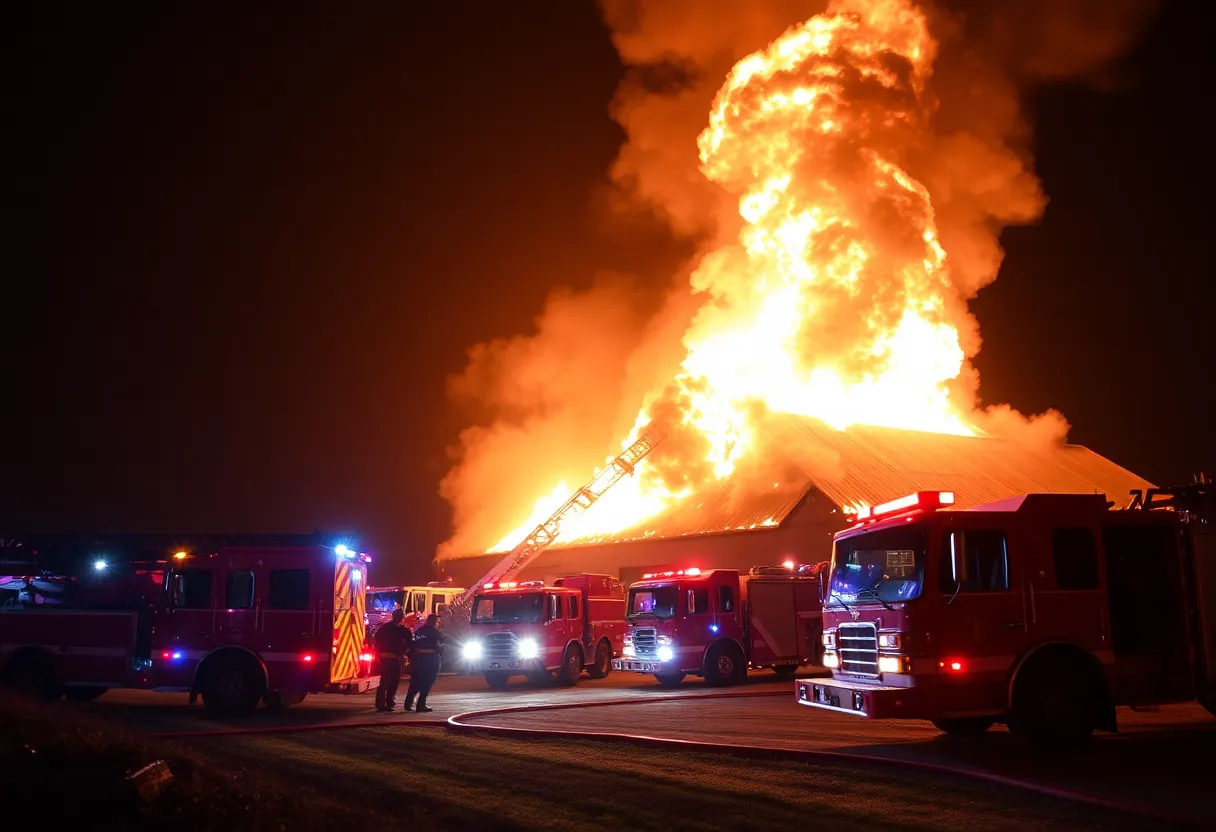 Firefighters working to extinguish a barn fire at night in York County.