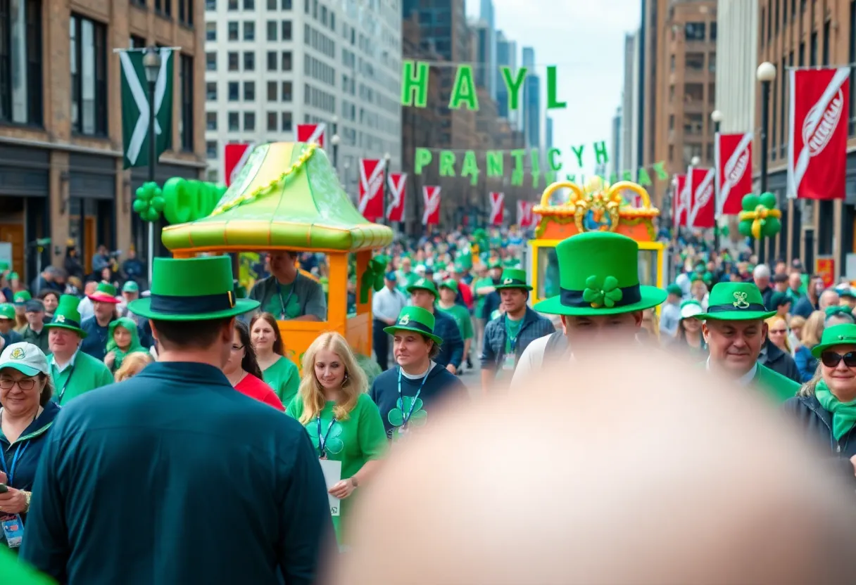 Colorful crowd celebrating the St. Patrick's Day Parade in York