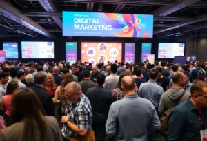 A crowd of marketing professionals networking at the Zenith Digital Marketing Conference 2025.