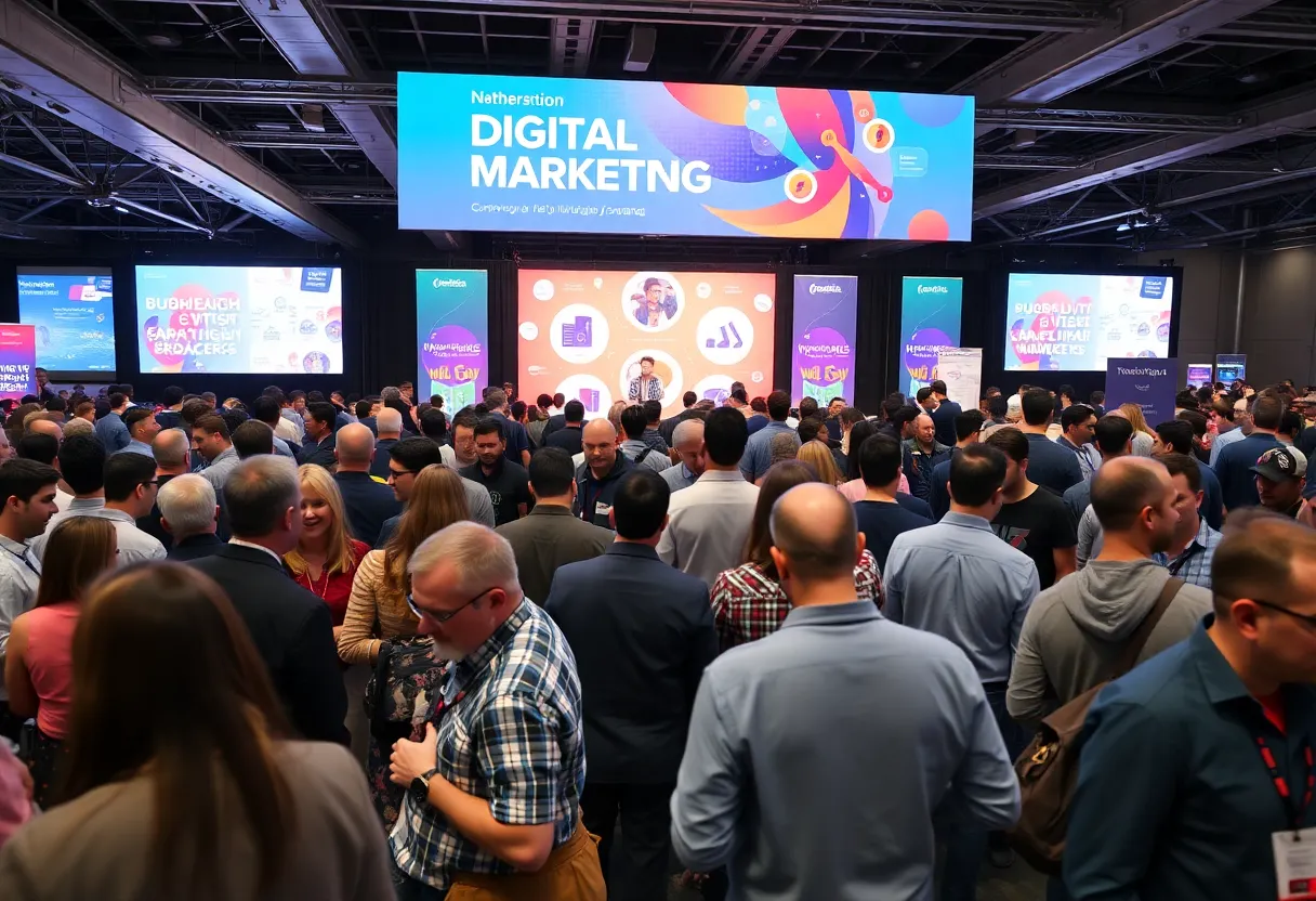A crowd of marketing professionals networking at the Zenith Digital Marketing Conference 2025.
