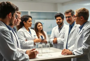 Scientists discussing autism research in a laboratory