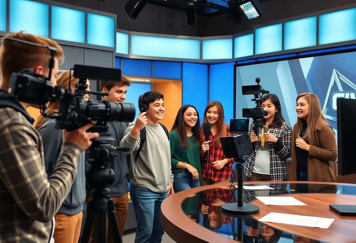 High school students collaborating in a broadcasting studio