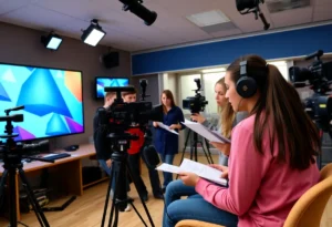 Students working together in a high school broadcasting studio
