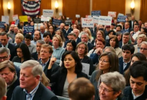 Crowd at town hall meeting with mixed reactions