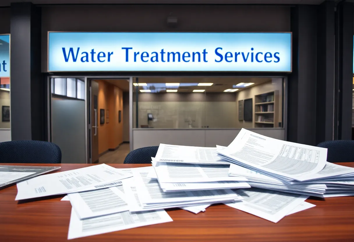 Exterior of a family-owned water treatment company with financial documents scattered across a desk.