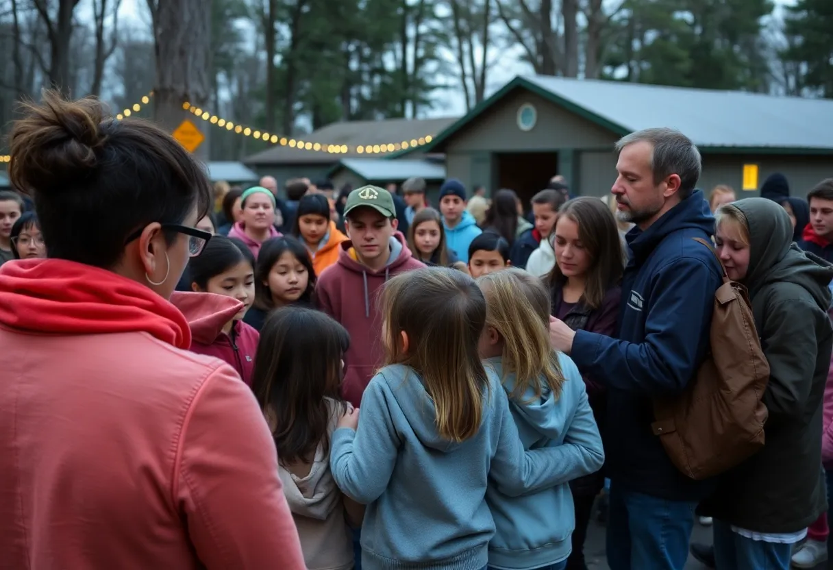 Community members gathering in support after a tragic vehicle crash at YNOT Camp in Chatham, Illinois.