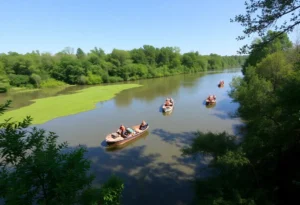 Teams conducting a debris clean-up along 12-Mile Creek in Waxhaw, North Carolina.