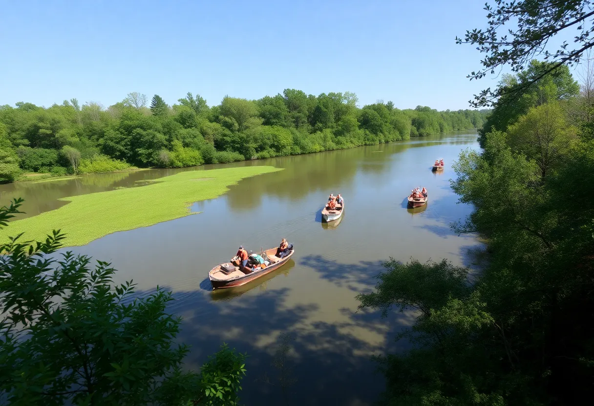 Teams conducting a debris clean-up along 12-Mile Creek in Waxhaw, North Carolina.