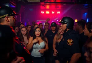 Law enforcement officers conducting a raid in a nightclub