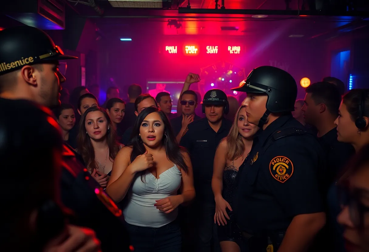 Law enforcement officers conducting a raid in a nightclub