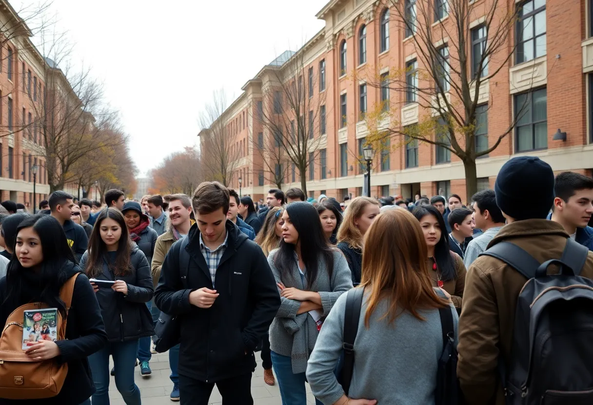 A view of Columbia University campus with students.