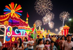 Families enjoying the Come-See-Me Festival with floats and fireworks