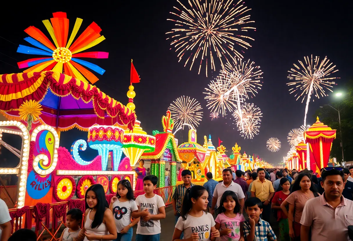 Families enjoying the Come-See-Me Festival with floats and fireworks