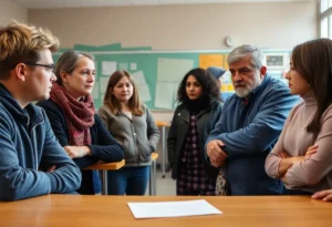 Community members discussing school safety