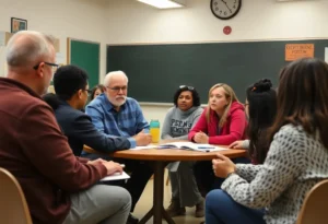 Parents and educators discussing safety issues in a school meeting